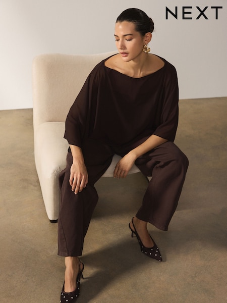 Chocolate Brown - Sheer Layer Cape Sleeve Top With Cami