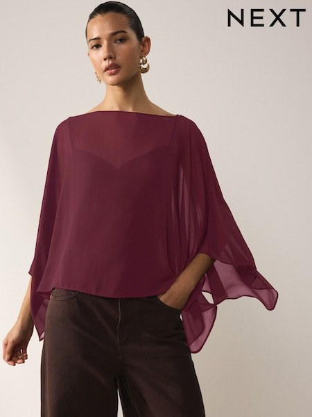 Wine - Sheer Layer Cape Sleeve Top With Cami