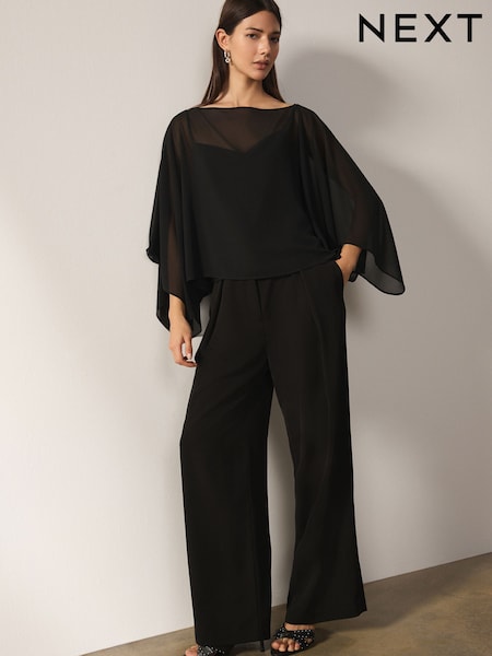 Black - Sheer Layer Cape Sleeve Top With Cami