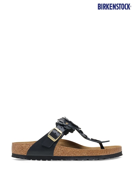 Black - Birkenstock Gizeh Leather Flowers Sandals