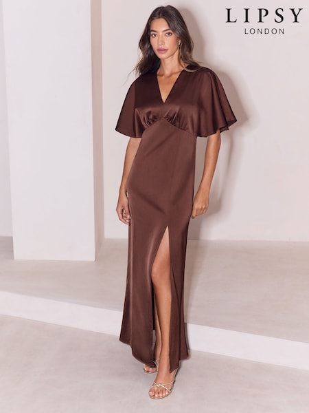 Chocolate Brown - Lipsy Bridesmaid Satin V-neck Fit And Flare Maxi Dress