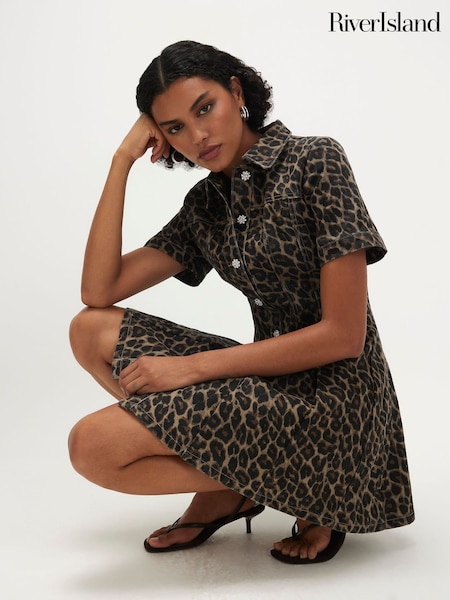 Brown - River Island Leopard Print Pleat Front Dress