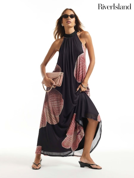 Black - River Island Halter Floral Print Maxi Dress