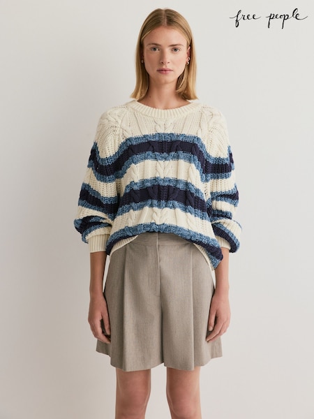 White - Free People Frankie Cable Knit Striped Jumper