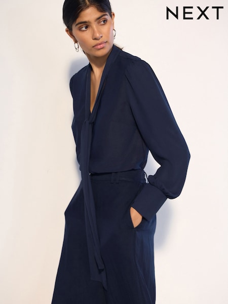 Navy - Scarf Long Sleeve V-neck Blouse