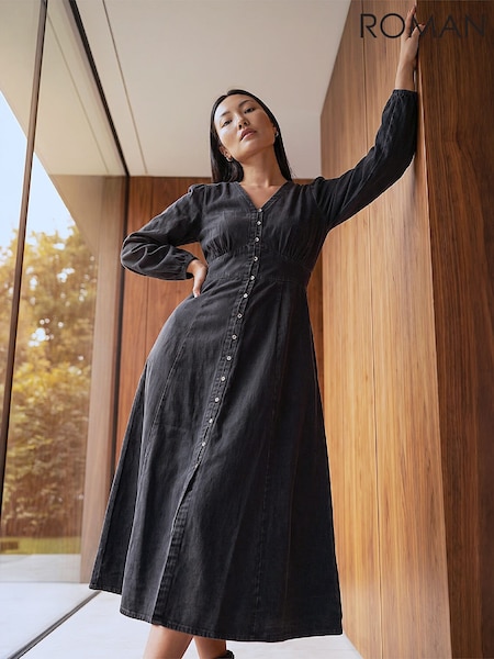 Black - Roman Button Through Midi Dress