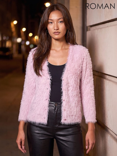 Pink - Roman Fluffy Crew Neck Cardigan