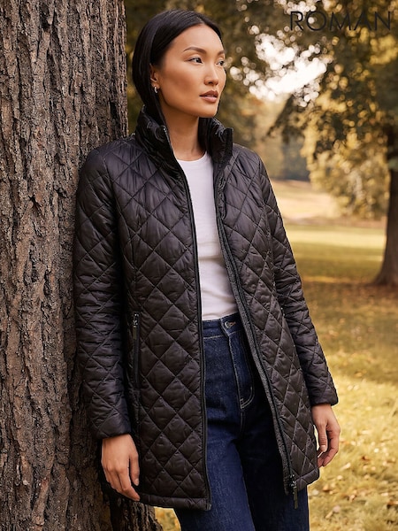 Black - Roman Two Tone Diamond Quilted Coat