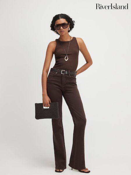 Brown - River Island High Rise Belted Stretch Straight Jeans