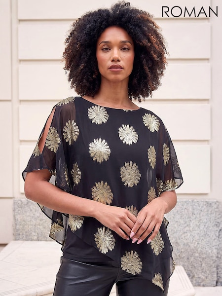 Black - Roman Floral Overlay Top
