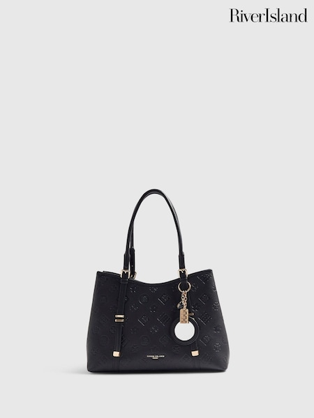 Black - River Island Monogram Embossed Charm Tote Bag