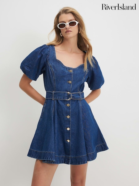Blue - River Island Puff Sleeve Denim Mini Dress
