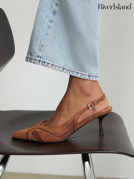 Brown - River Island Mesh Slingback Heeled Court Shoes