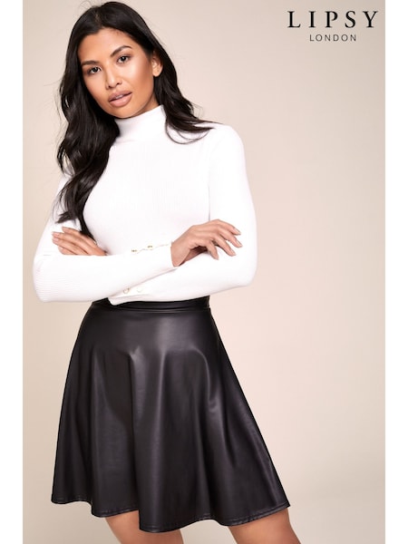 Lipsy Black Faux Leather Flippy Mini Skater Skirt (R37669) | £0