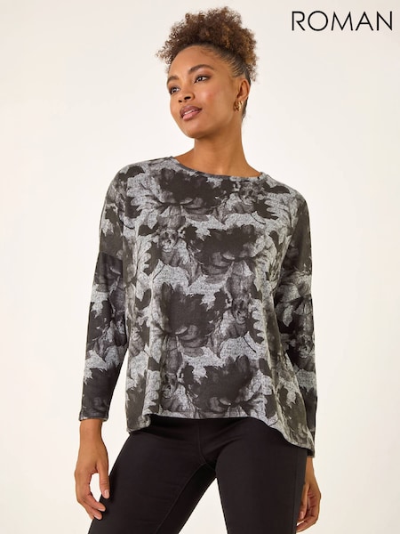 Grey - Roman Printed Scarf Tunic Stretch Top