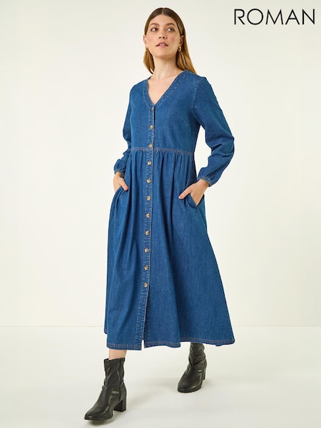 Blue - Roman Denim Button Through Midi Dress