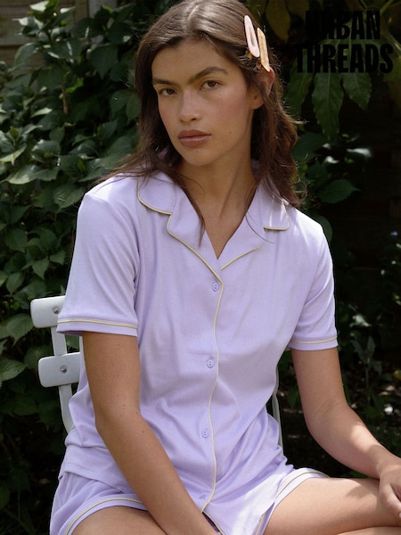 Lilac Purple - Urban Threads Urban Threads Lilac Purple Rib Button Up Short Pyjamas Set