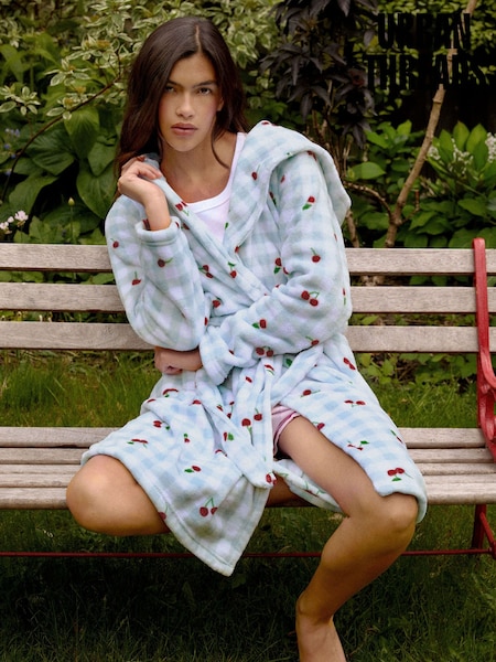 Blue - Urban Threads Urban Threads Fruity Gingham Print Fleece Dressing Gown