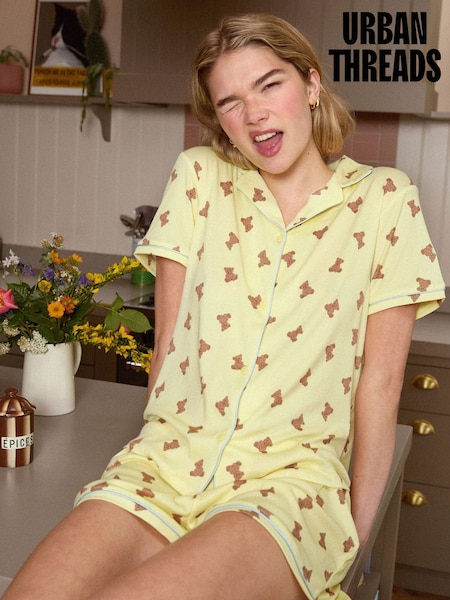 Yellow - Urban Threads Urban Threads Teddy Bear Print Short Pyjamas Set