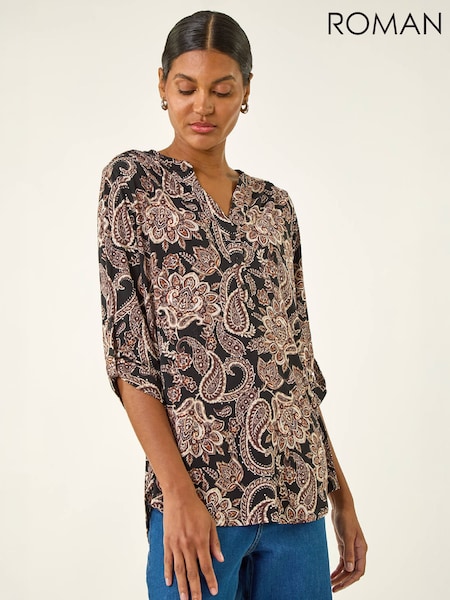 Natural - Roman Paisley Print V-neck Stretch Top