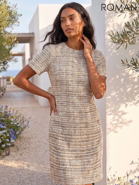 Brown - Roman Textured Pocket Stretch Shift Dress