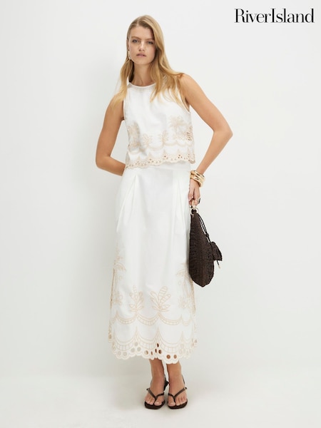 White - River Island Cutwork Belted Midi Skirt