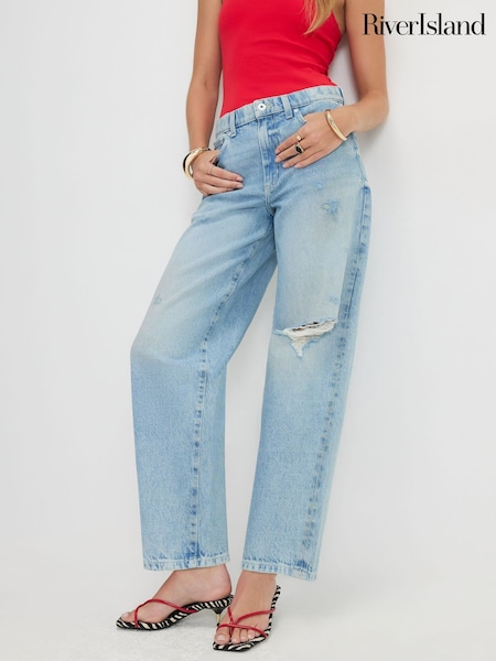 Blue - River Island Mid Rise Ripped Barrel Leg Jeans