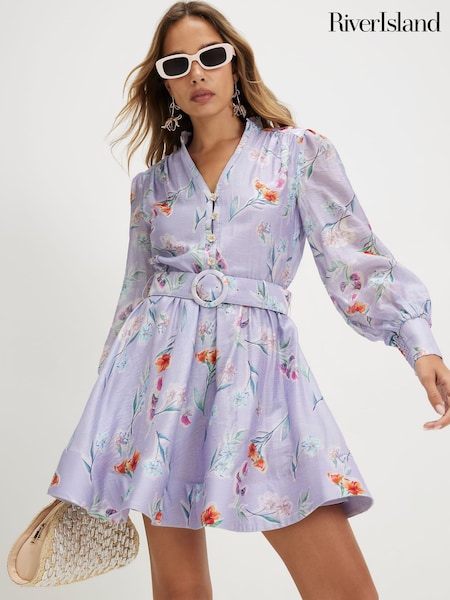 Purple - River Island Long Sleeve Floral Print Belted Shirt Mini Dress