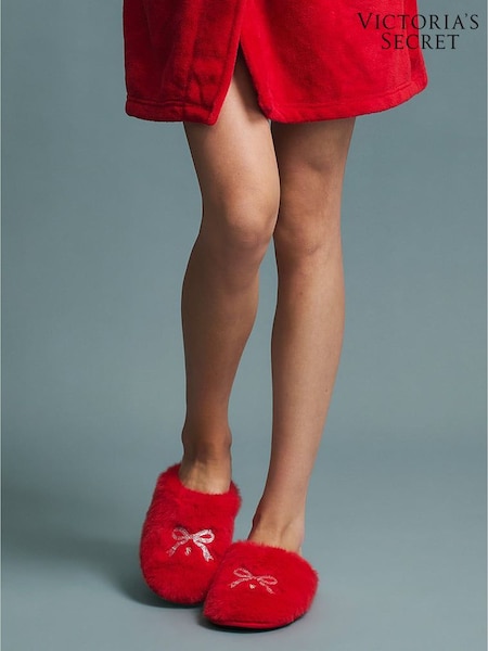 Red Bows - Victoria's Secret Closed Toe Faux Fur Slippers