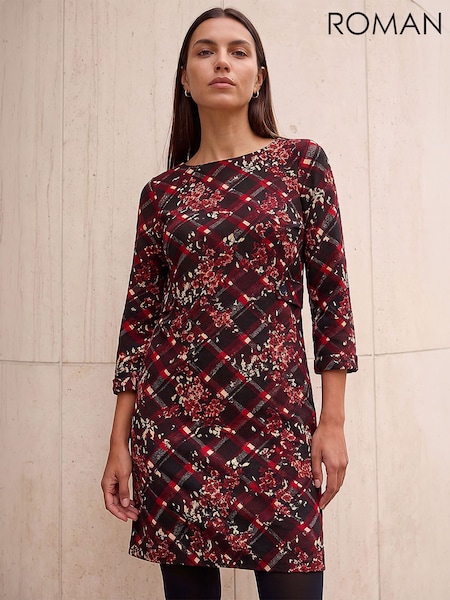 Red - Roman Floral Plaid Panel Shift Dress