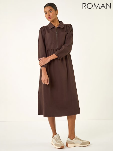 Brown - Roman Zip Front Collared Midi Dress