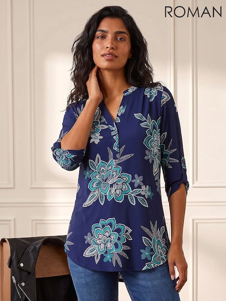 Blue - Roman Floral Puff Print Stretch Top