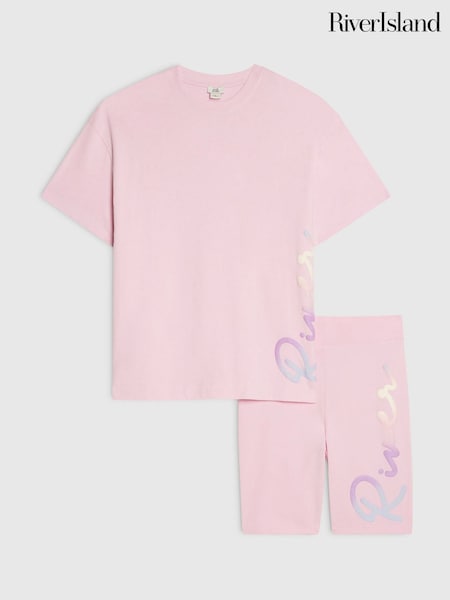 Pink - River Island River Logo T-shirt & Cycle Shorts Set