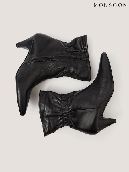 Black - Monsoon Fia Ruched Leather Kitten Heel Boots