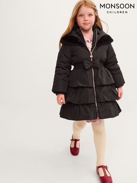 Black - Monsoon Taylor Bow Hooded Puffer Coat