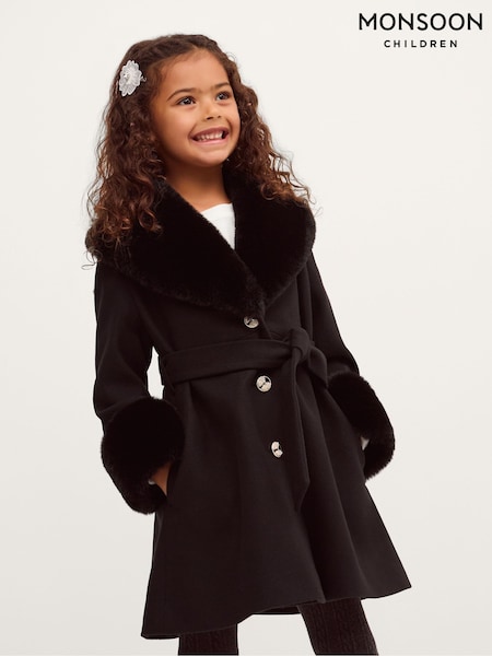 Black - Monsoon Faux Fur Collar Belted Coat