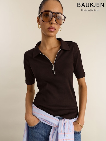 Brown - Baukjen Ribbed Short-sleeve Zip Top