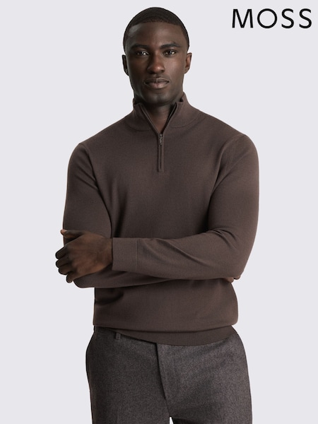Brown - Regular Moss Merino-blend Zip-neck Jumper