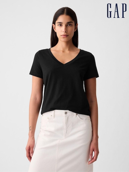 Gap Black V-Neck Vintage 100% Organic Cotton Short Sleeve T-Shirt (R91629) | £12