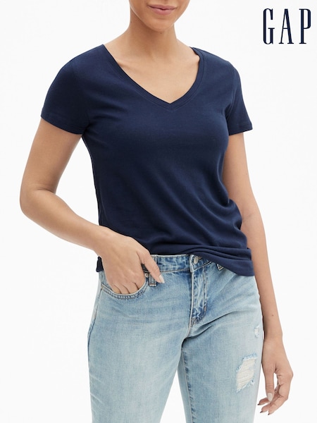 Gap Navy Blue V-Neck Favourite Cotton-Modal Short Sleeve T-Shirt (R91646) | £12