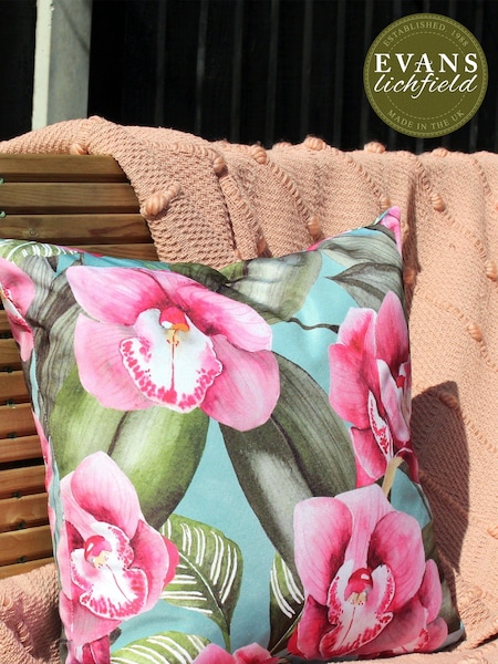 Evans Lichfield Duck Egg Blue Orchids Outdoor Polyester Filled Cushion (T13257) | £19