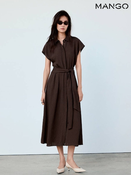 Brown - Mango Tie Waist Midi Shirt Dress