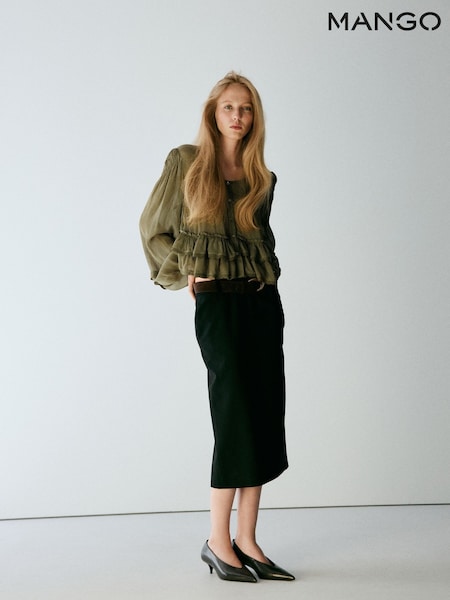 Green - Mango Long Sleeve Ruffle Detail Blouse