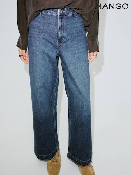 Blue - Mango Danila High Waisted Cropped Wide Leg Jeans