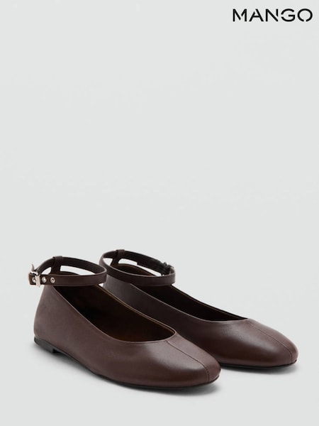 Brown - Mango Ankle Strap Ballet Pumps