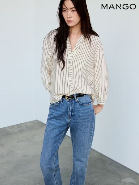 Cream - Mango Stripe Blouse With Frill Trim