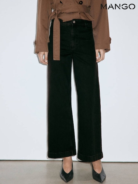 Black - Mango High Waisted Cropped Wide Leg Jeans