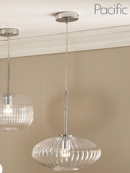 Pacific White Emilia Clear Glass & Silver Metal Ribbed Oval Ceiling Light Pendant (T25574) | £100