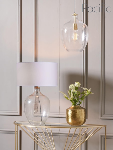 Pacific Grey Islay Clear Bubble Glass Table Lamp 40cm Ivory Shade (T25578) | £200