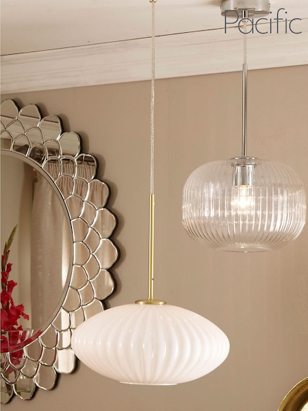 Pacific White Emilia White Glass and Gold Metal Ribbed Oval Ceiling Light Pendant (T25581) | £100
